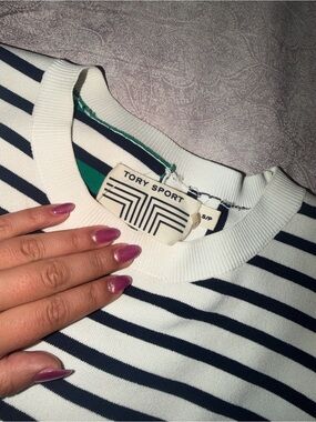 Tory Sport White and Navy Striped Crewneck Knit Top